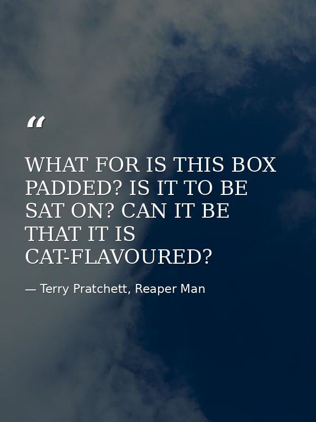 WHAT FOR IS THIS BOX PADDED? IS IT TO BE SAT ON? CAN IT BE THAT IT IS CAT-FLAVOURED? — Terry Pratchett, Reaper Man