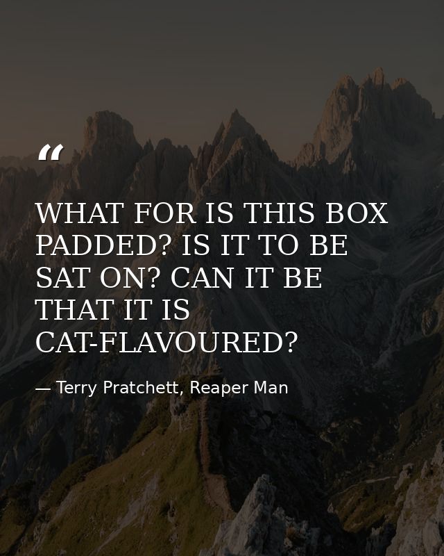 WHAT FOR IS THIS BOX PADDED? IS IT TO BE SAT ON? CAN IT BE THAT IT IS CAT-FLAVOURED? — Terry Pratchett, Reaper Man