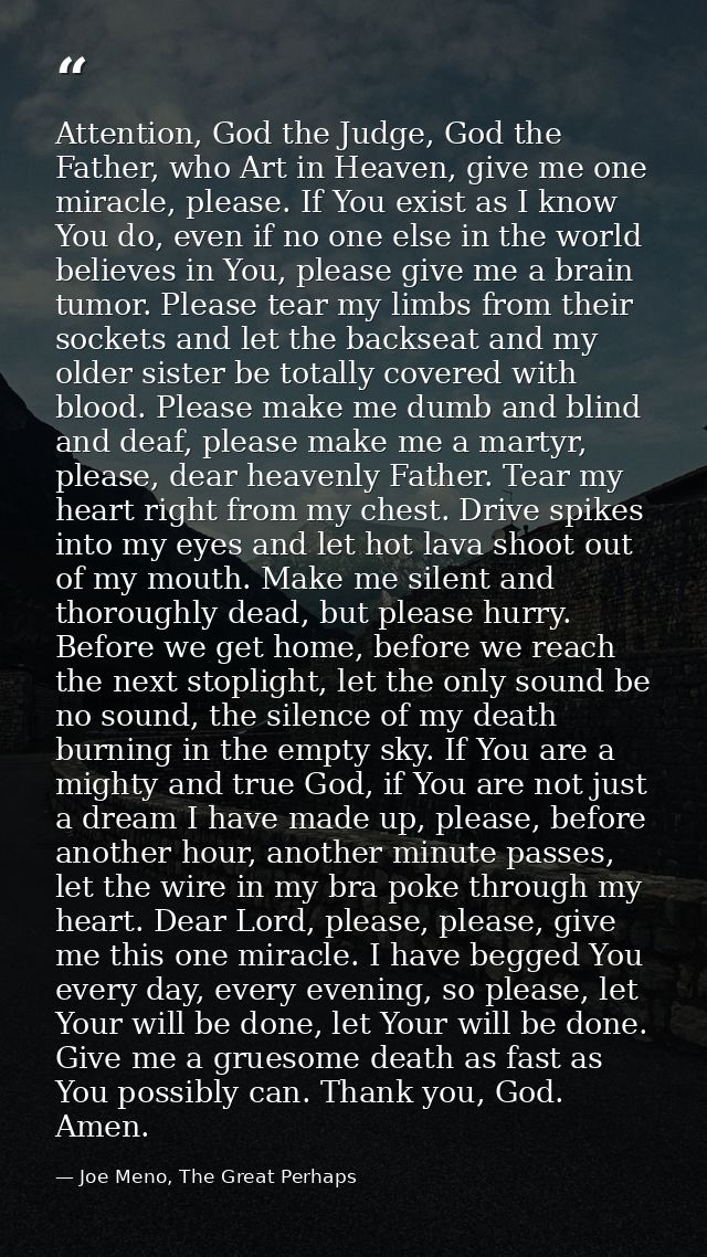 Attention, God the Judge, God the Father, who Art in Heaven, give me one miracle, please. If You exist as I know You do, — Joe Meno, The Great Perhaps
