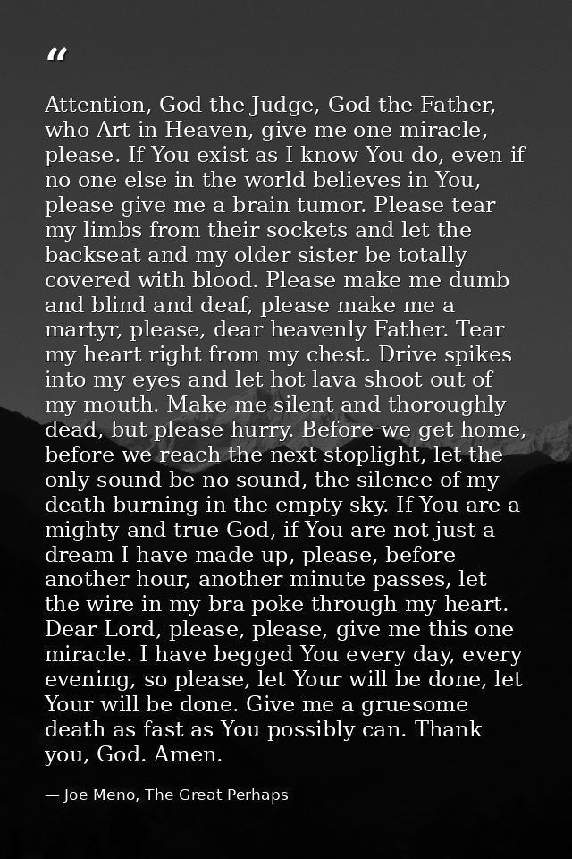 Attention, God the Judge, God the Father, who Art in Heaven, give me one miracle, please. If You exist as I know You do, — Joe Meno, The Great Perhaps