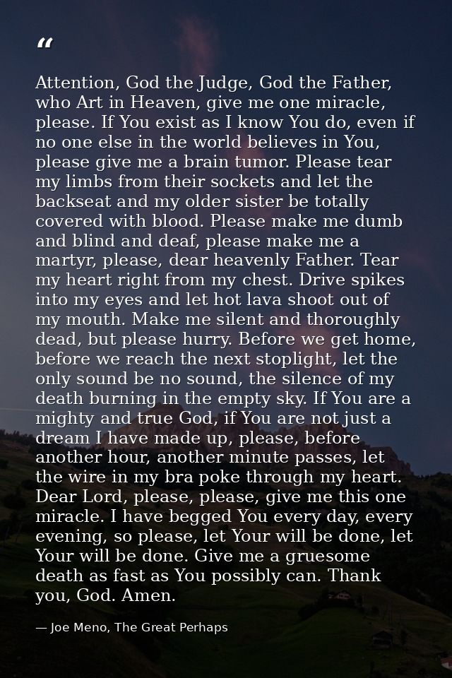Attention, God the Judge, God the Father, who Art in Heaven, give me one miracle, please. If You exist as I know You do, — Joe Meno, The Great Perhaps