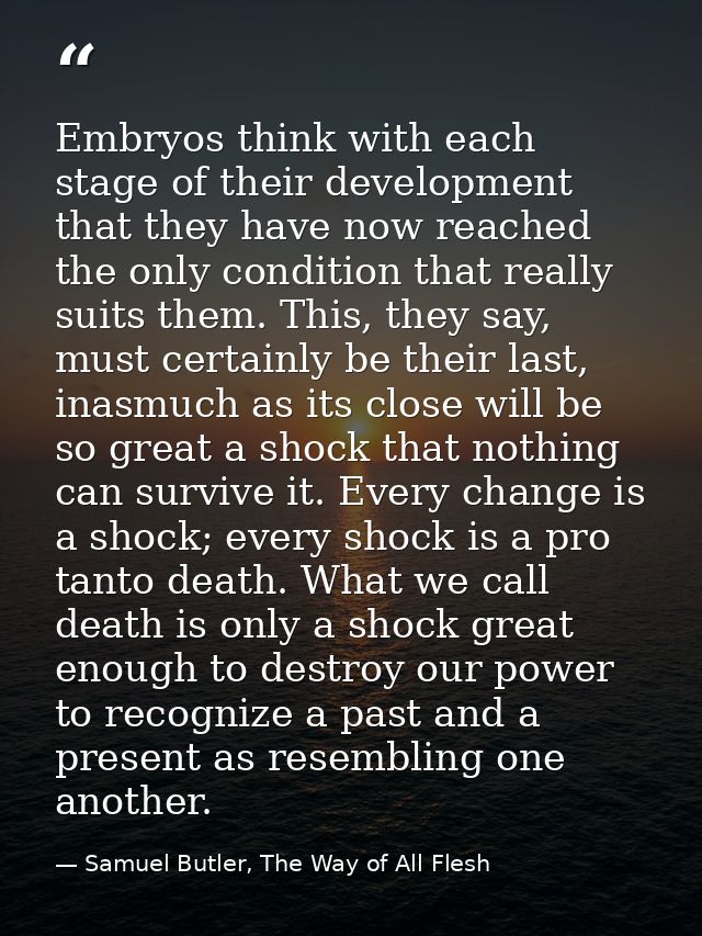 Embryos think with each stage of their development that they have now reached the only condition that really suits them. — Samuel Butler, The Way of All Flesh