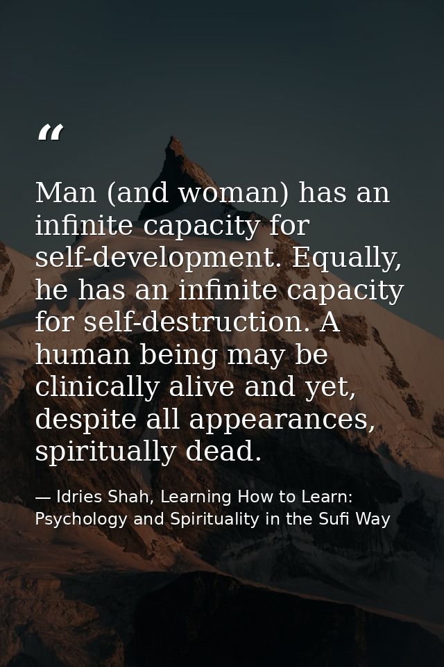Man (and woman) has an infinite capacity for self-development. Equally, he has an infinite capacity for self-destruction — Idries Shah, Learning How to Learn: Psychology and Spirituality in the Sufi Way