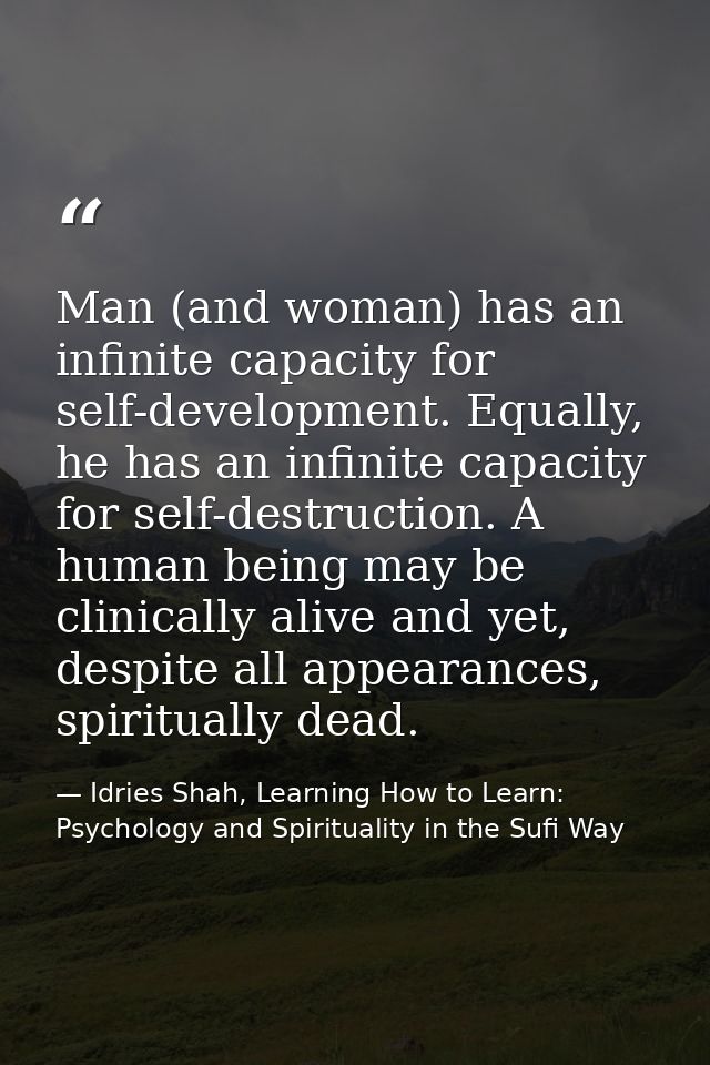 Man (and woman) has an infinite capacity for self-development. Equally, he has an infinite capacity for self-destruction — Idries Shah, Learning How to Learn: Psychology and Spirituality in the Sufi Way
