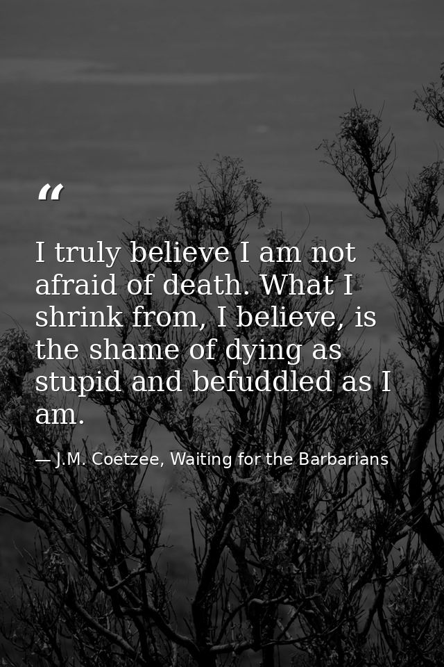 I truly believe I am not afraid of death. What I shrink from, I believe, is the shame of dying as stupid and befuddled a — J.M. Coetzee, Waiting for the Barbarians