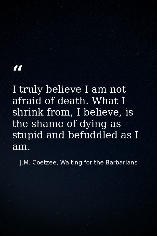 I truly believe I am not afraid of death. What I shrink from, I believe, is the shame of dying as stupid and befuddled a — J.M. Coetzee, Waiting for the Barbarians