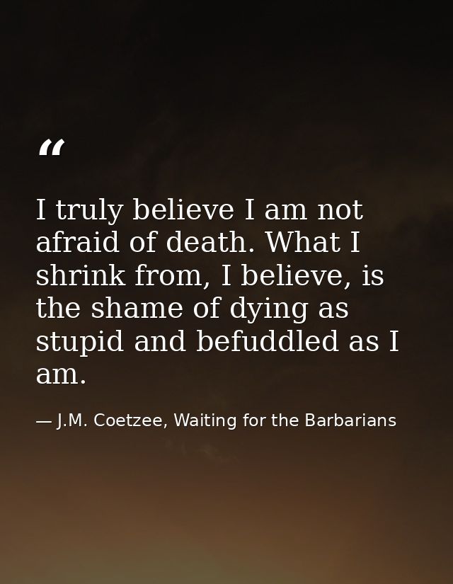 I truly believe I am not afraid of death. What I shrink from, I believe, is the shame of dying as stupid and befuddled a — J.M. Coetzee, Waiting for the Barbarians