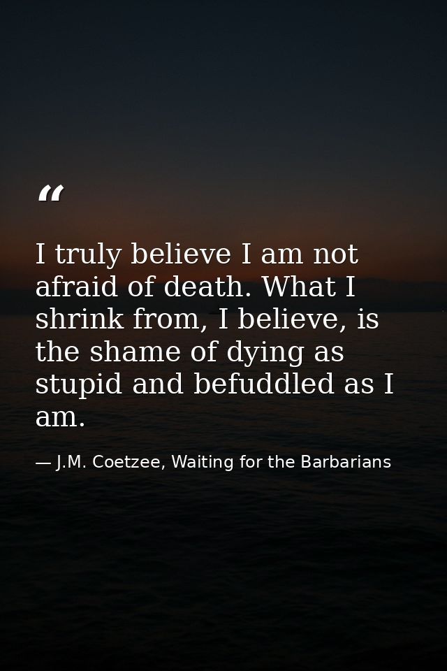 I truly believe I am not afraid of death. What I shrink from, I believe, is the shame of dying as stupid and befuddled a — J.M. Coetzee, Waiting for the Barbarians