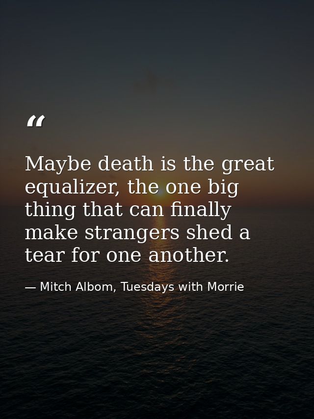 Maybe death is the great equalizer, the one big thing that can finally make strangers shed a tear for one another. — Mitch Albom, Tuesdays with Morrie