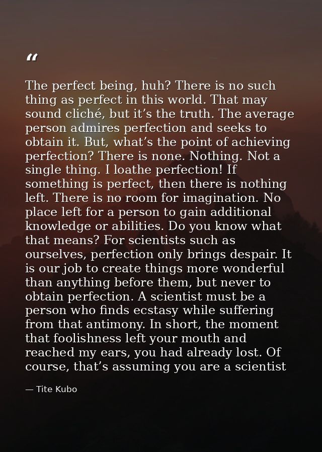 The perfect being, huh? There is no such thing as perfect in this world. That may sound cliché, but it’s the truth. The  — Tite Kubo