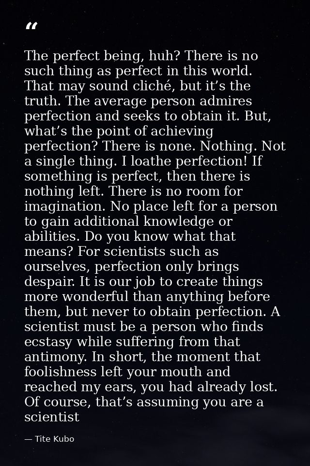 The perfect being, huh? There is no such thing as perfect in this world. That may sound cliché, but it’s the truth. The  — Tite Kubo