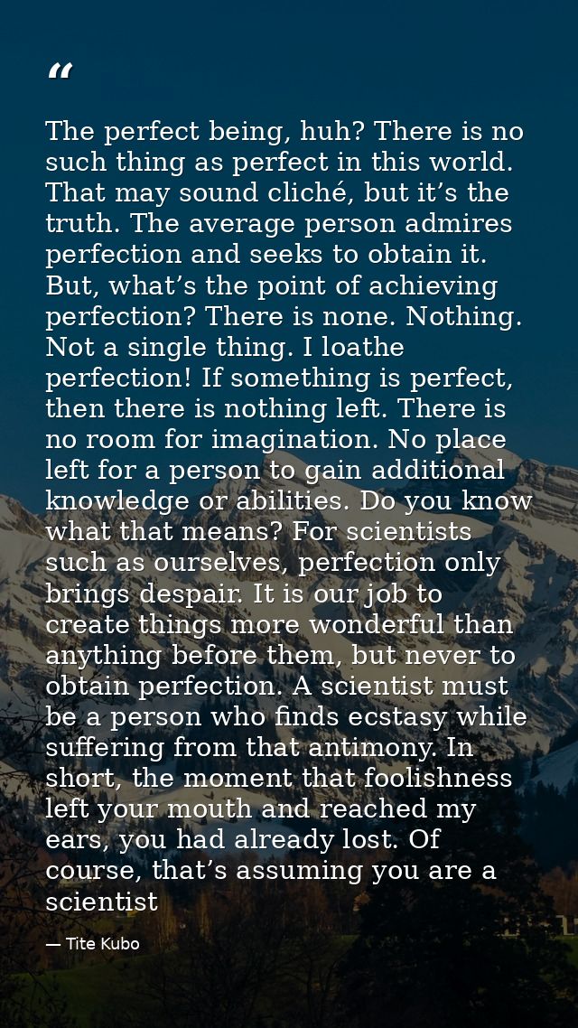 The perfect being, huh? There is no such thing as perfect in this world. That may sound cliché, but it’s the truth. The  — Tite Kubo