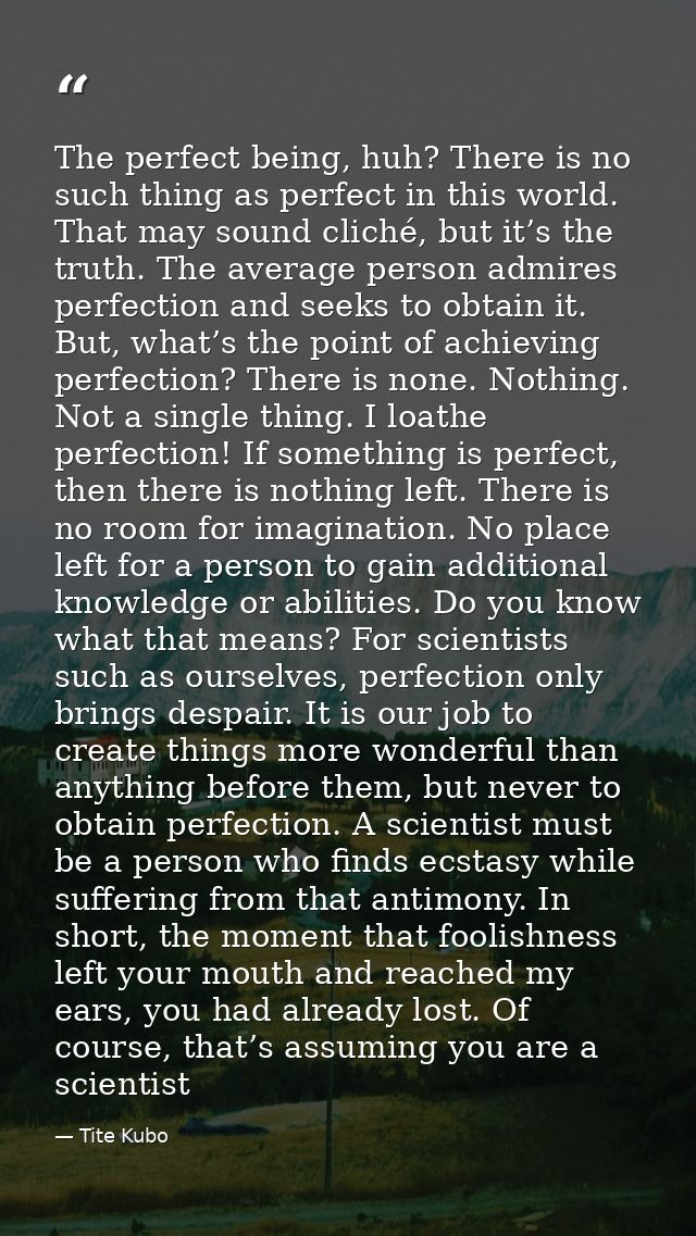 The perfect being, huh? There is no such thing as perfect in this world. That may sound cliché, but it’s the truth. The  — Tite Kubo