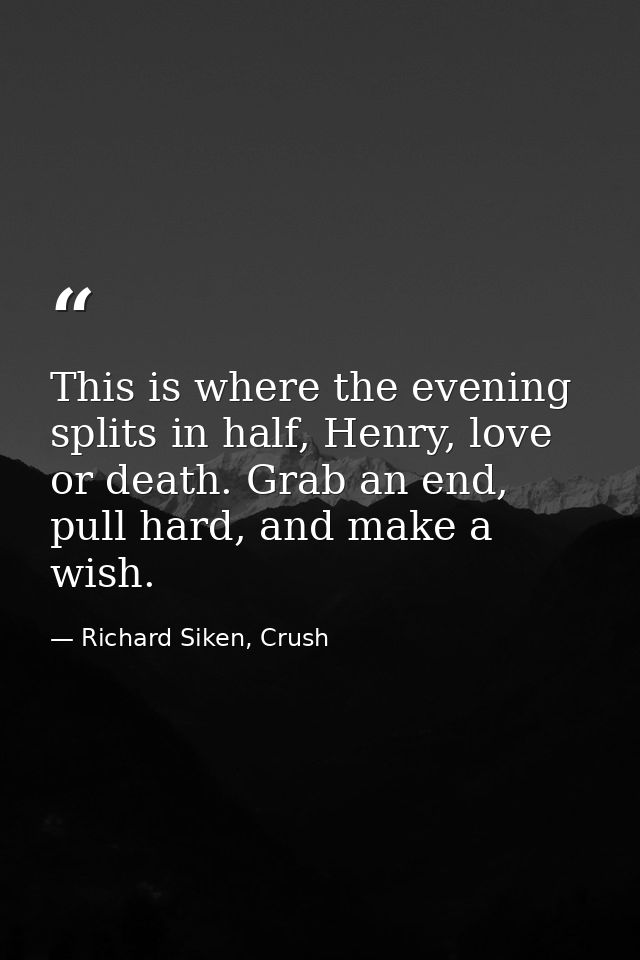 This is where the evening splits in half, Henry, love or death. Grab an end, pull hard, and make a wish. — Richard Siken, Crush