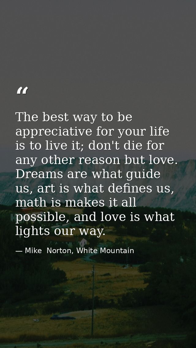 The best way to be appreciative for your life is to live it; don't die for any other reason but love. Dreams are what gu — Mike  Norton, White Mountain