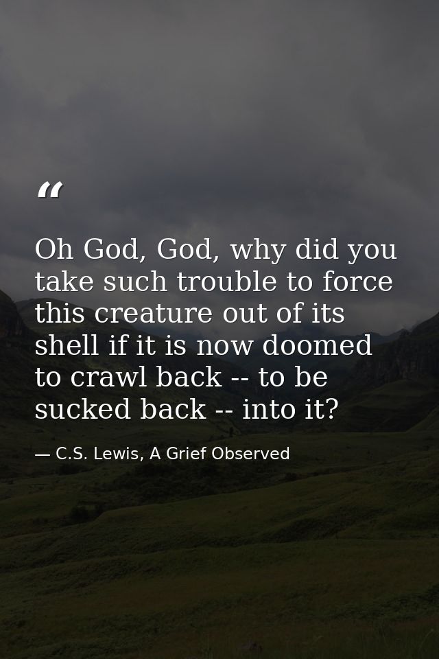 Oh God, God, why did you take such trouble to force this creature out of its shell if it is now doomed to crawl back --  — C.S. Lewis, A Grief Observed