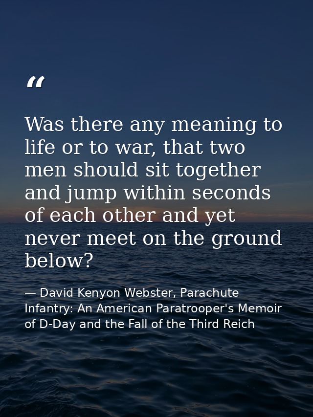 Was there any meaning to life or to war, that two men should sit together and jump within seconds of each other and yet  — David Kenyon Webster, Parachute Infantry: An American Paratrooper's Memoir of D-Day and the Fall of the Third Reich