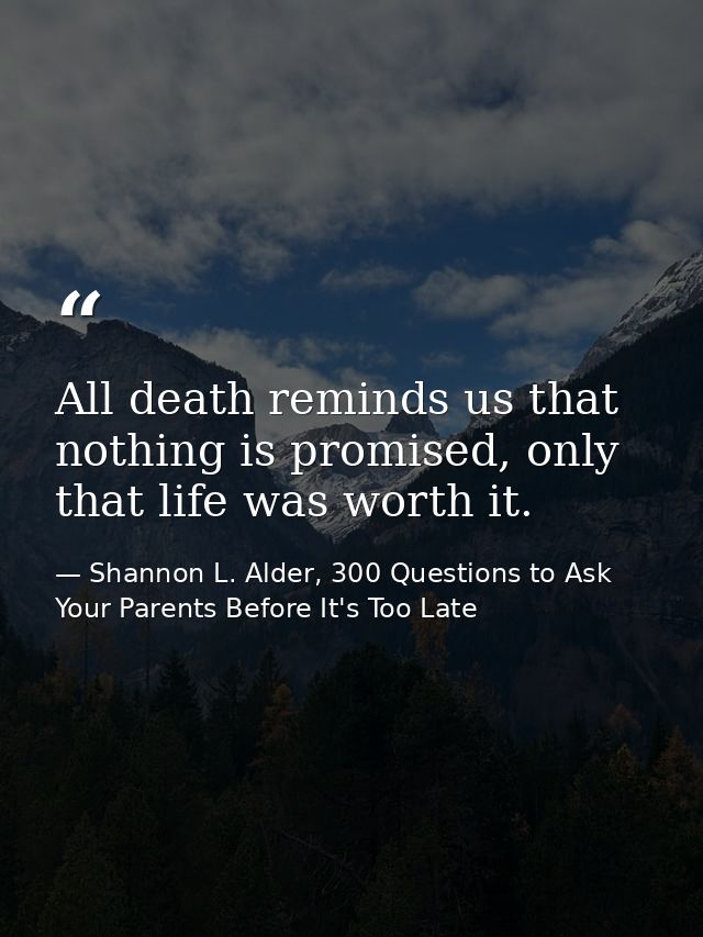 All death reminds us that nothing is promised, only that life was worth it. — Shannon L. Alder, 300 Questions to Ask Your Parents Before It's Too Late