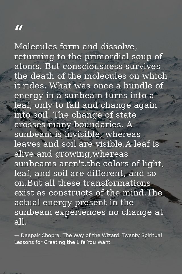 Molecules form and dissolve, returning to the primordial soup of atoms. But consciousness survives the death of the mole — Deepak Chopra, The Way of the Wizard: Twenty Spiritual Lessons for Creating the Life You Want