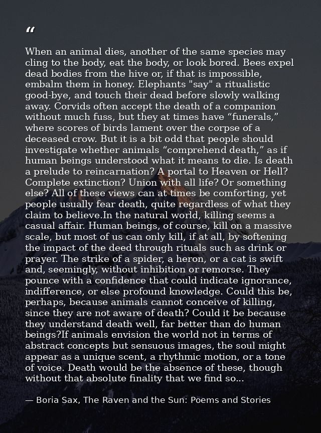 When an animal dies, another of the same species may cling to the body, eat the body, or look bored. Bees expel dead bod — Boria Sax, The Raven and the Sun: Poems and Stories