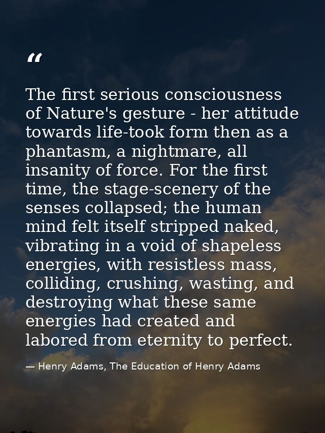 The first serious consciousness of Nature's gesture - her attitude towards life-took form then as a phantasm, a nightmar — Henry Adams, The Education of Henry Adams