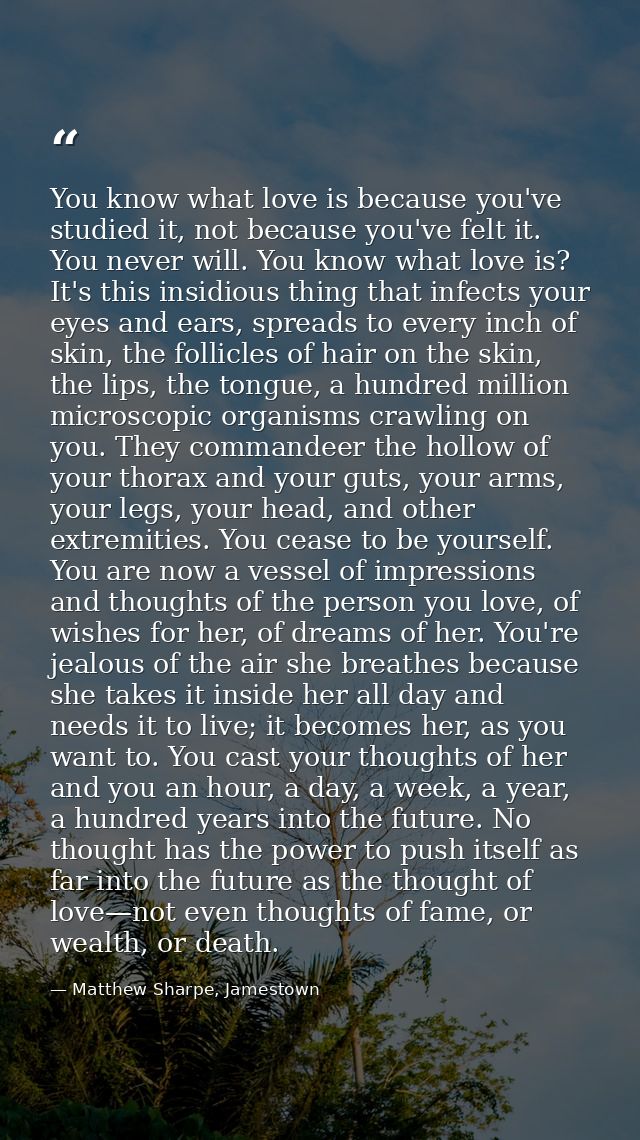You know what love is because you've studied it, not because you've felt it. You never will. You know what love is? It's — Matthew Sharpe, Jamestown