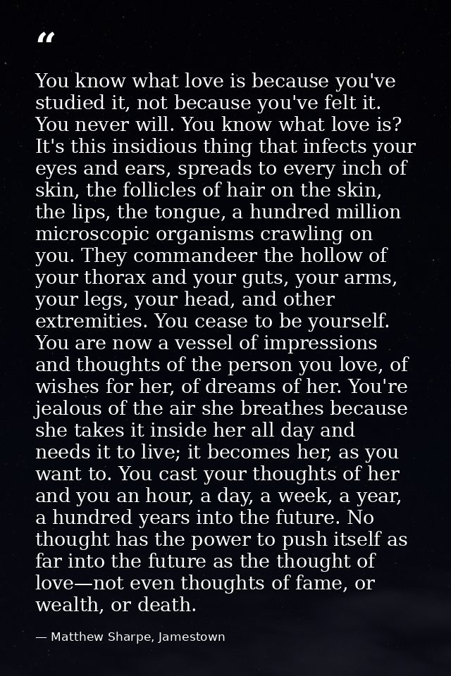 You know what love is because you've studied it, not because you've felt it. You never will. You know what love is? It's — Matthew Sharpe, Jamestown