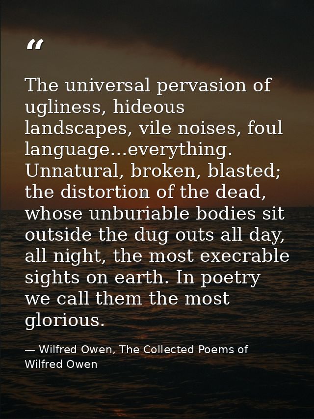 The universal pervasion of ugliness, hideous landscapes, vile noises, foul language...everything. Unnatural, broken, bla — Wilfred Owen, The Collected Poems of Wilfred Owen