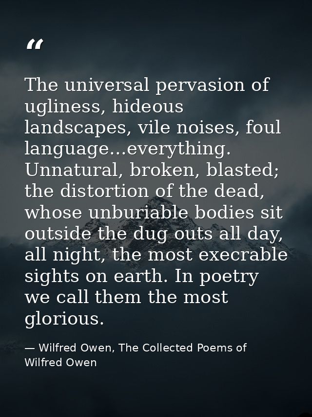 The universal pervasion of ugliness, hideous landscapes, vile noises, foul language...everything. Unnatural, broken, bla — Wilfred Owen, The Collected Poems of Wilfred Owen
