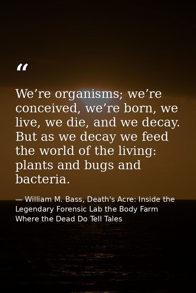 We’re organisms; we’re conceived, we’re born, we live, we die, and we decay. But as we decay we feed the world of the li — William M. Bass, Death's Acre: Inside the Legendary Forensic Lab the Body Farm Where the Dead Do Tell Tales