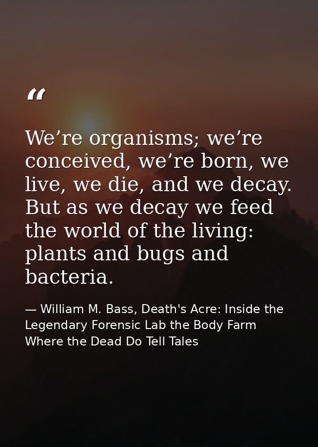We’re organisms; we’re conceived, we’re born, we live, we die, and we decay. But as we decay we feed the world of the li — William M. Bass, Death's Acre: Inside the Legendary Forensic Lab the Body Farm Where the Dead Do Tell Tales