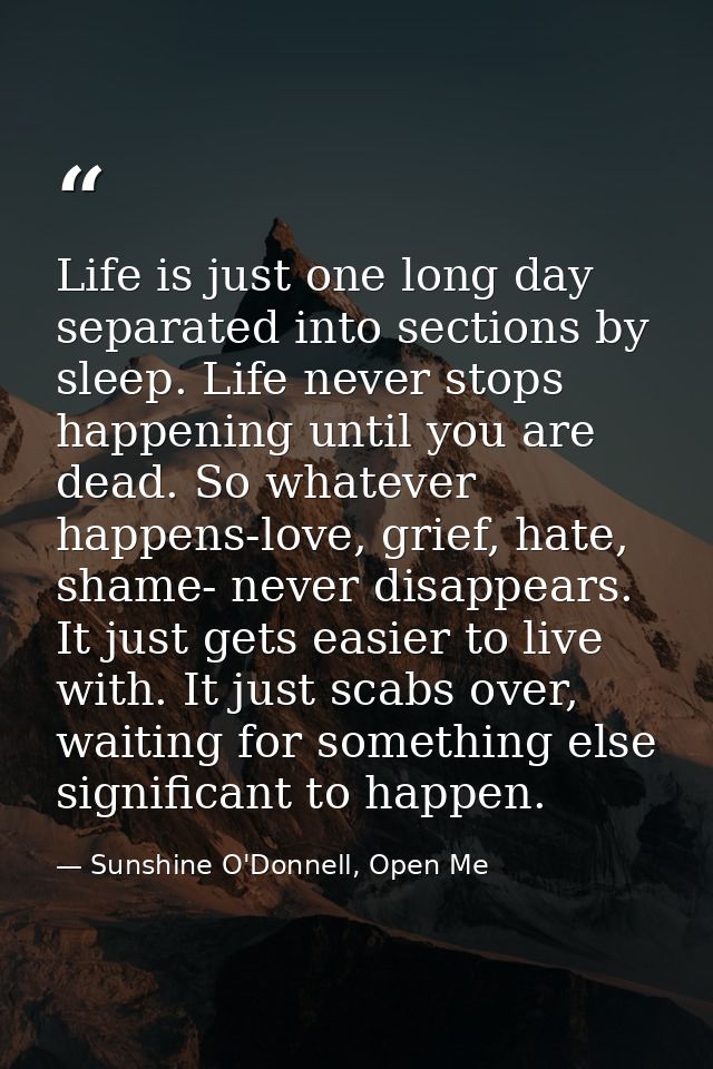Life is just one long day separated into sections by sleep. Life never stops happening until you are dead. So whatever h — Sunshine O'Donnell, Open Me