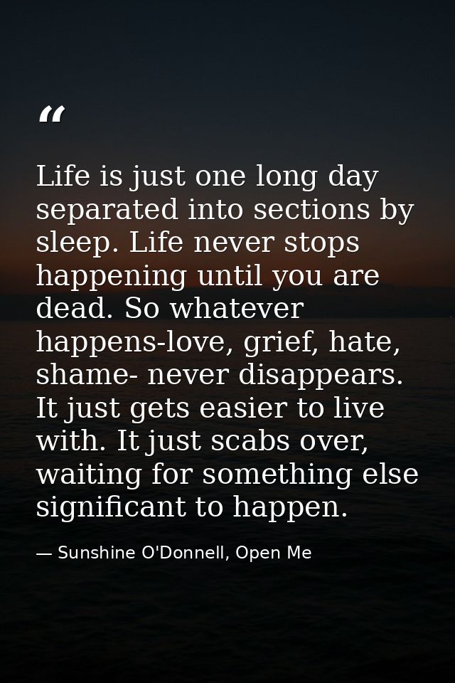 Life is just one long day separated into sections by sleep. Life never stops happening until you are dead. So whatever h — Sunshine O'Donnell, Open Me