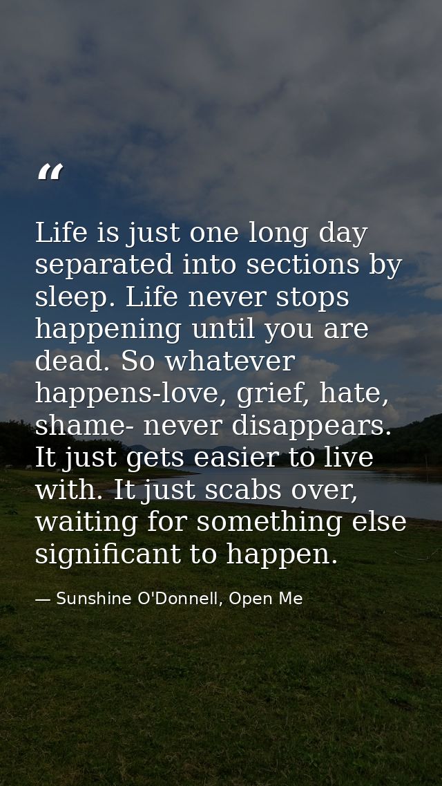 Life is just one long day separated into sections by sleep. Life never stops happening until you are dead. So whatever h — Sunshine O'Donnell, Open Me