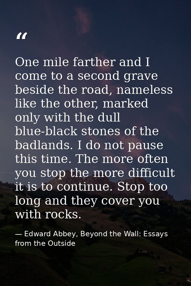 One mile farther and I come to a second grave beside the road, nameless like the other, marked only with the dull blue-b — Edward Abbey, Beyond the Wall: Essays from the Outside