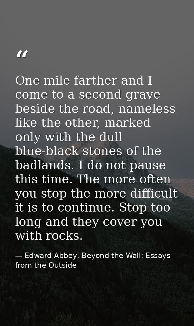One mile farther and I come to a second grave beside the road, nameless like the other, marked only with the dull blue-b — Edward Abbey, Beyond the Wall: Essays from the Outside