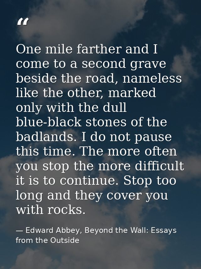 One mile farther and I come to a second grave beside the road, nameless like the other, marked only with the dull blue-b — Edward Abbey, Beyond the Wall: Essays from the Outside
