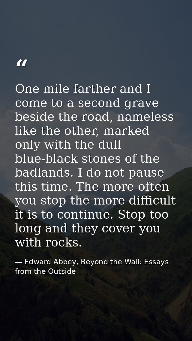 One mile farther and I come to a second grave beside the road, nameless like the other, marked only with the dull blue-b — Edward Abbey, Beyond the Wall: Essays from the Outside