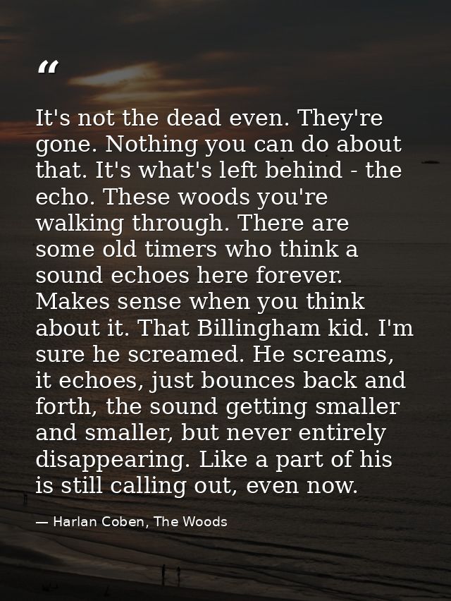 It's not the dead even. They're gone. Nothing you can do about that. It's what's left behind - the echo. These woods you — Harlan Coben, The Woods