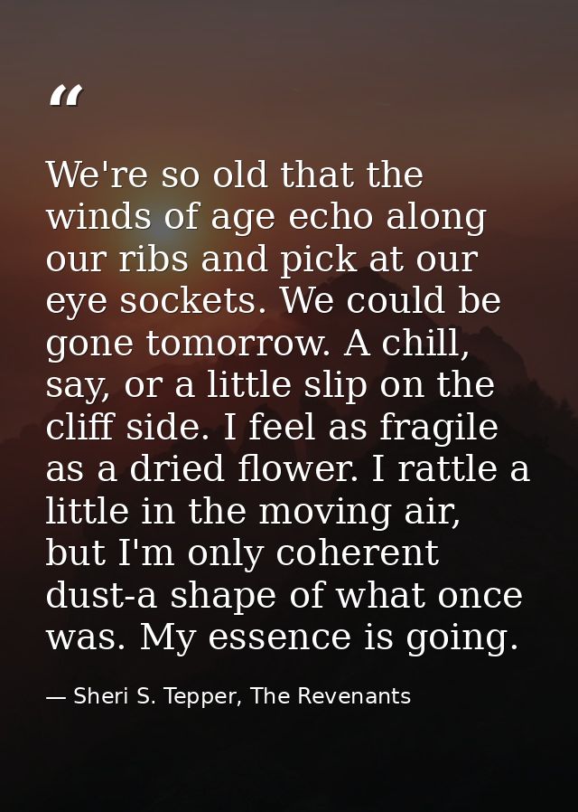 We're so old that the winds of age echo along our ribs and pick at our eye sockets. We could be gone tomorrow. A chill,  — Sheri S. Tepper, The Revenants