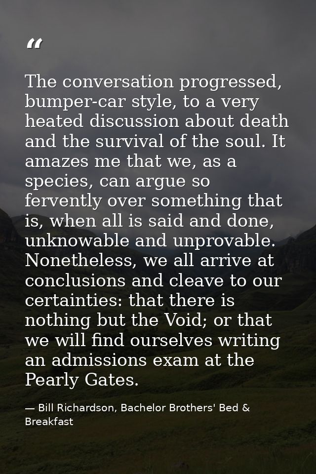 The conversation progressed, bumper-car style, to a very heated discussion about death and the survival of the soul. It  — Bill Richardson, Bachelor Brothers' Bed & Breakfast