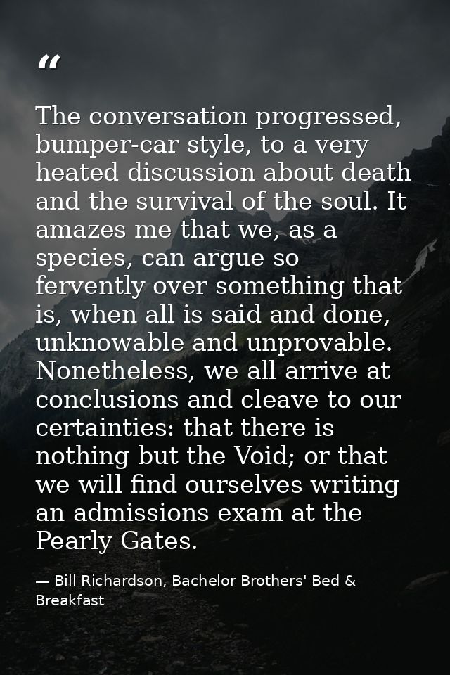 The conversation progressed, bumper-car style, to a very heated discussion about death and the survival of the soul. It  — Bill Richardson, Bachelor Brothers' Bed & Breakfast