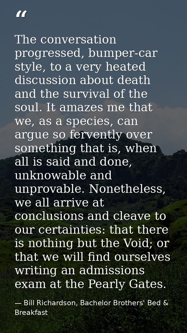 The conversation progressed, bumper-car style, to a very heated discussion about death and the survival of the soul. It  — Bill Richardson, Bachelor Brothers' Bed & Breakfast