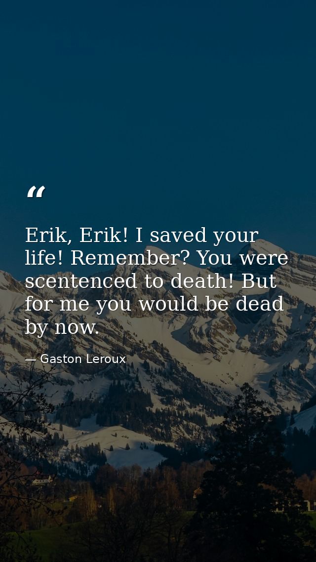 Erik, Erik! I saved your life! Remember? You were scentenced to death! But for me you would be dead by now. — Gaston Leroux