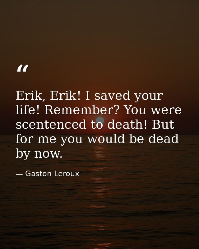 Erik, Erik! I saved your life! Remember? You were scentenced to death! But for me you would be dead by now. — Gaston Leroux