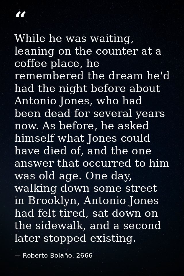 While he was waiting, leaning on the counter at a coffee place, he remembered the dream he'd had the night before about  — Roberto Bolaño, 2666
