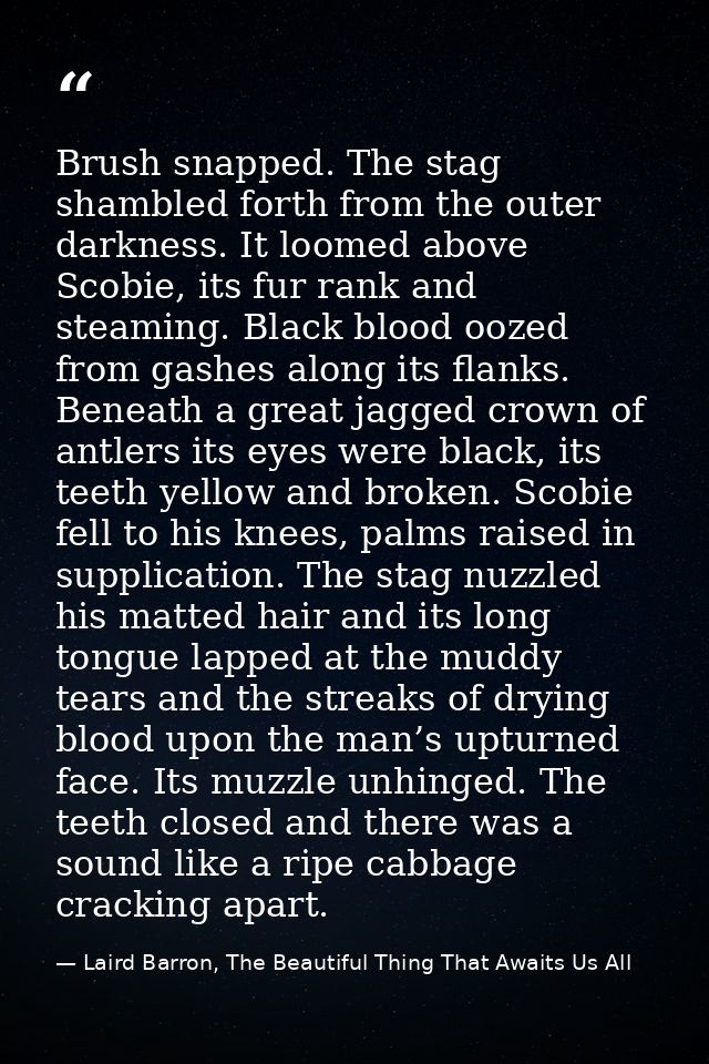 Brush snapped. The stag shambled forth from the outer darkness. It loomed above Scobie, its fur rank and steaming. Black — Laird Barron, The Beautiful Thing That Awaits Us All