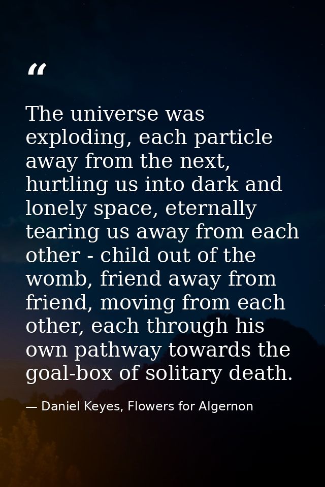 The universe was exploding, each particle away from the next, hurtling us into dark and lonely space, eternally tearing  — Daniel Keyes, Flowers for Algernon