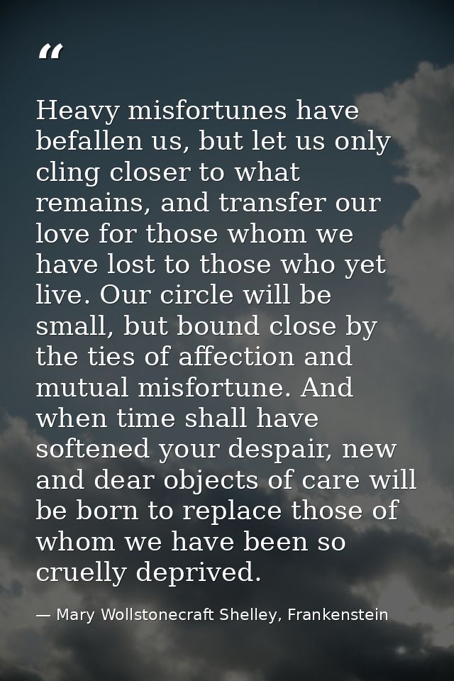 Heavy misfortunes have befallen us, but let us only cling closer to what remains, and transfer our love for those whom w — Mary Wollstonecraft Shelley, Frankenstein