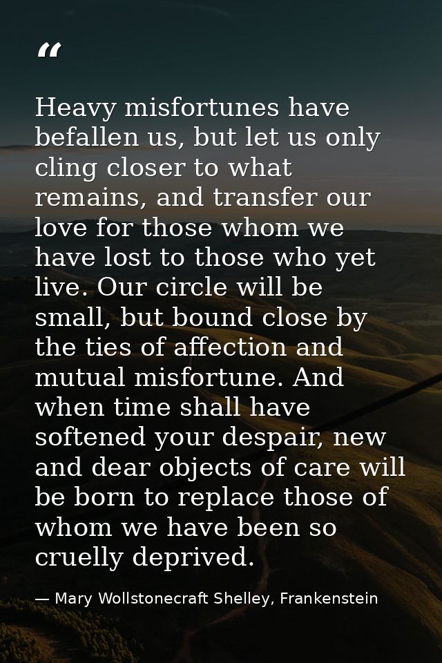 Heavy misfortunes have befallen us, but let us only cling closer to what remains, and transfer our love for those whom w — Mary Wollstonecraft Shelley, Frankenstein
